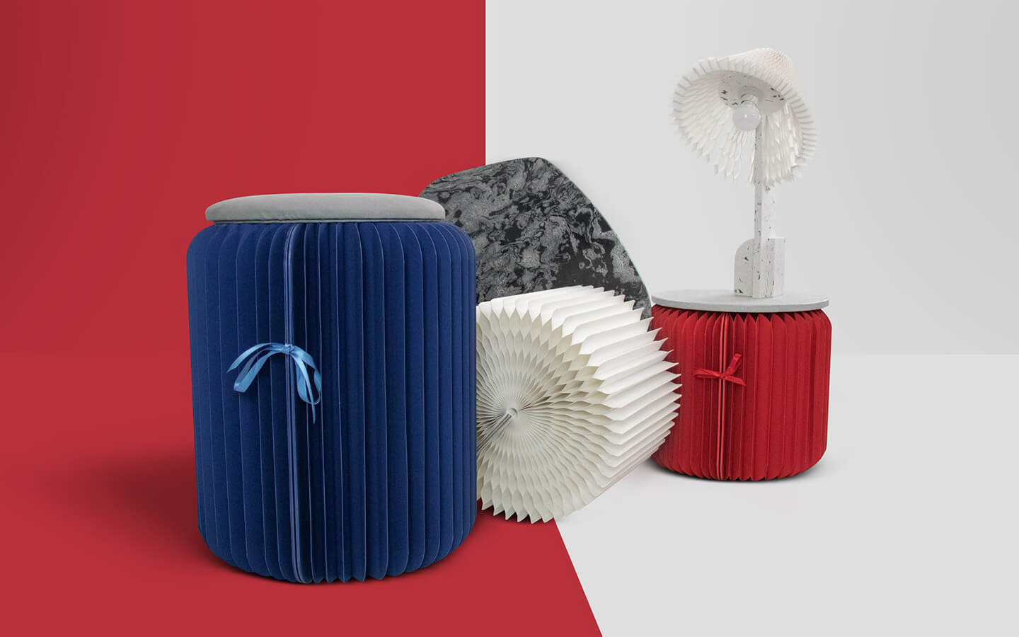 Gamme Made in France, table, tabouret, lampe