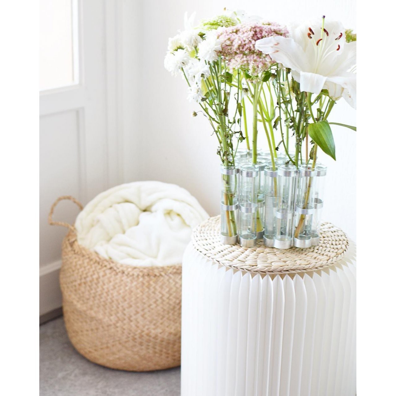 Le petit tabouret blanc avec une plante posée