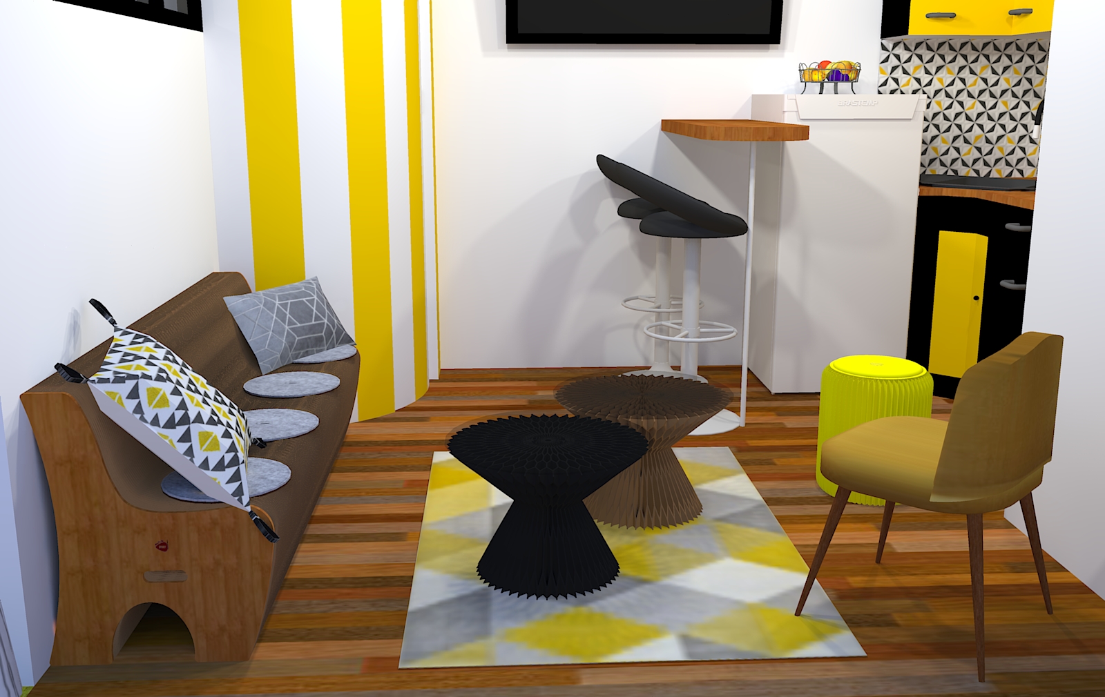 Vue en 3D sur un salon aménagé avec des meubles en carton